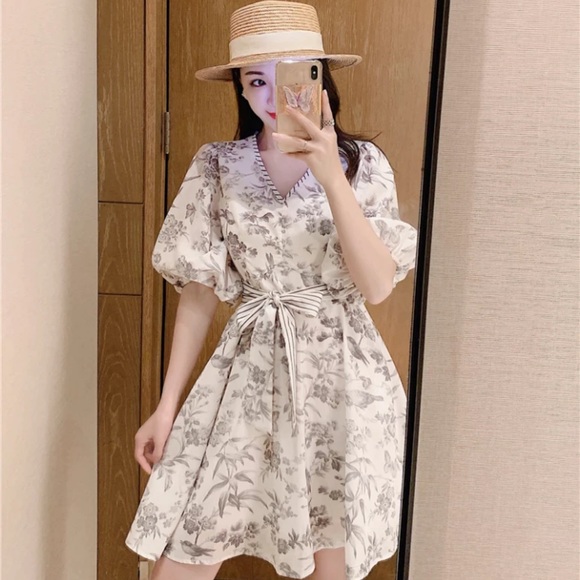 French Style Print Puff Sleeve Vintage Dress - Picture 8 of 15